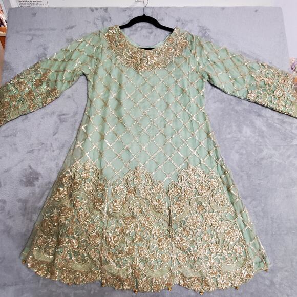 RMAW Pakistani Indian Shalwar Kameez M Wedding Dress Mint Green Net Embroidered - Picture 3 of 16